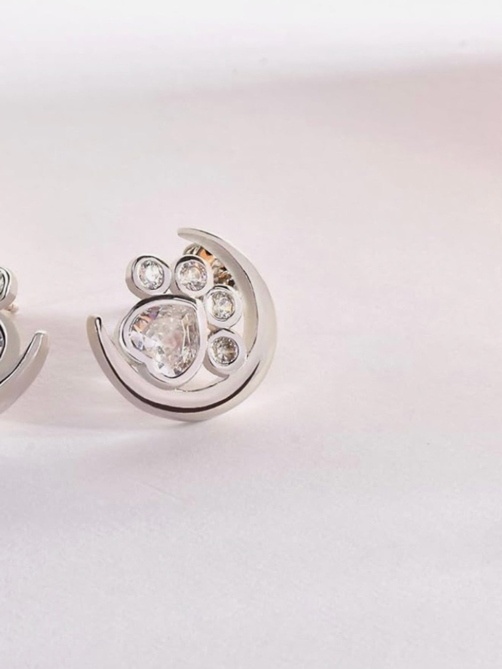 Sterling Silver Paw Print Crescent Crystal Stud Earrings